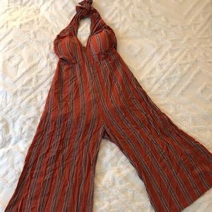 Striped Halter Tie Wide Leg Jumpsuit
